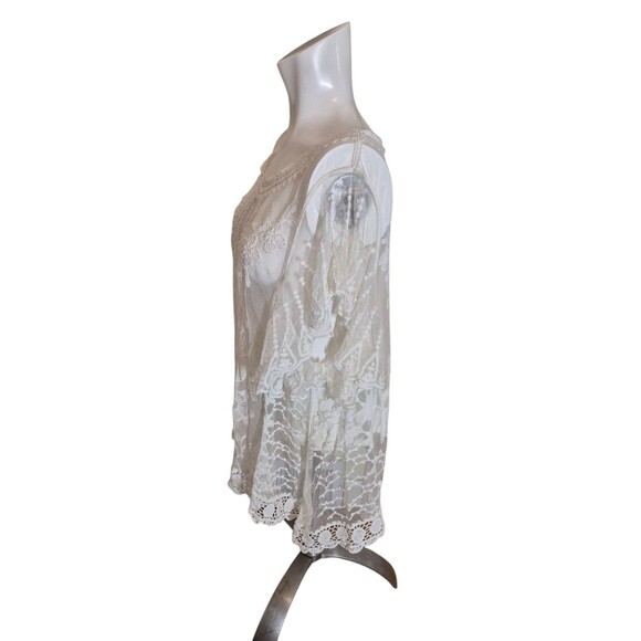 Boho Lace Crochet Sheer Top Mesh Floral Lace Tunic Top Flutter Sleev Ivory Sz L - Picture 2 of 3